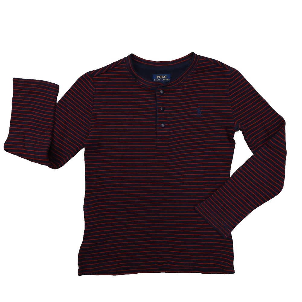 Polo Ralph Lauren Blue Red Striped Thermal Knit Long Sleeve Henley Shirt Boys 7